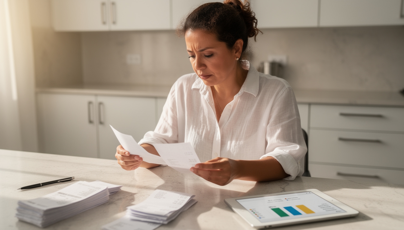 Adulto analizando sus gastos cotidianos con recibos y notas en una mesa