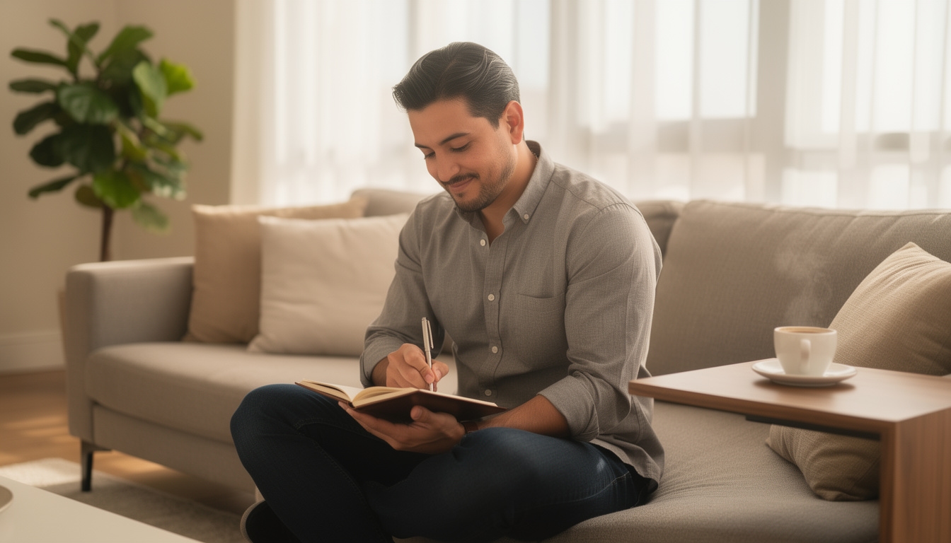 Persona adulta registrando sus hábitos financieros diarios en un cuaderno de notas