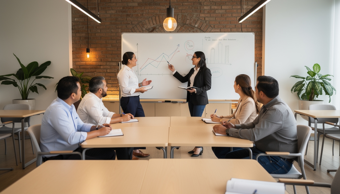 Grupo de adultos mexicanos participando en sesión educativa de finanzas personales